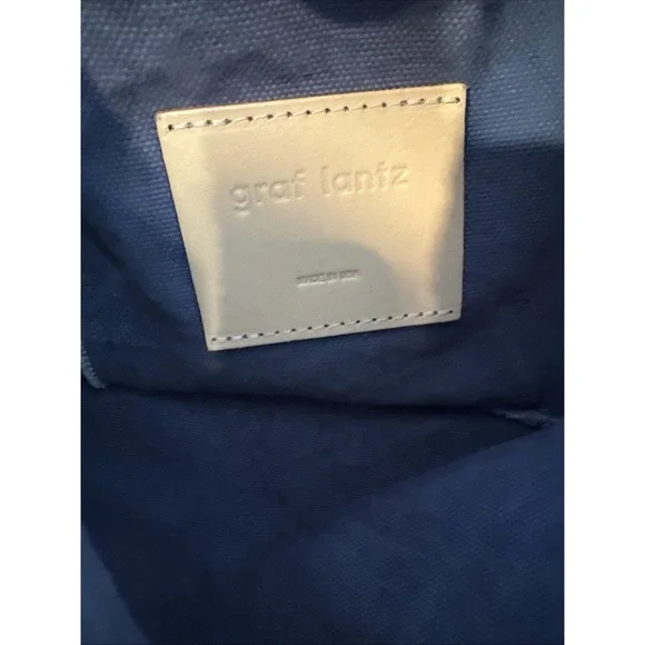 Graf Lantz Hana Canvas Boat Bag Tote Blue Fringe Edge 14x14" Leather Handles - Picture 8 of 9